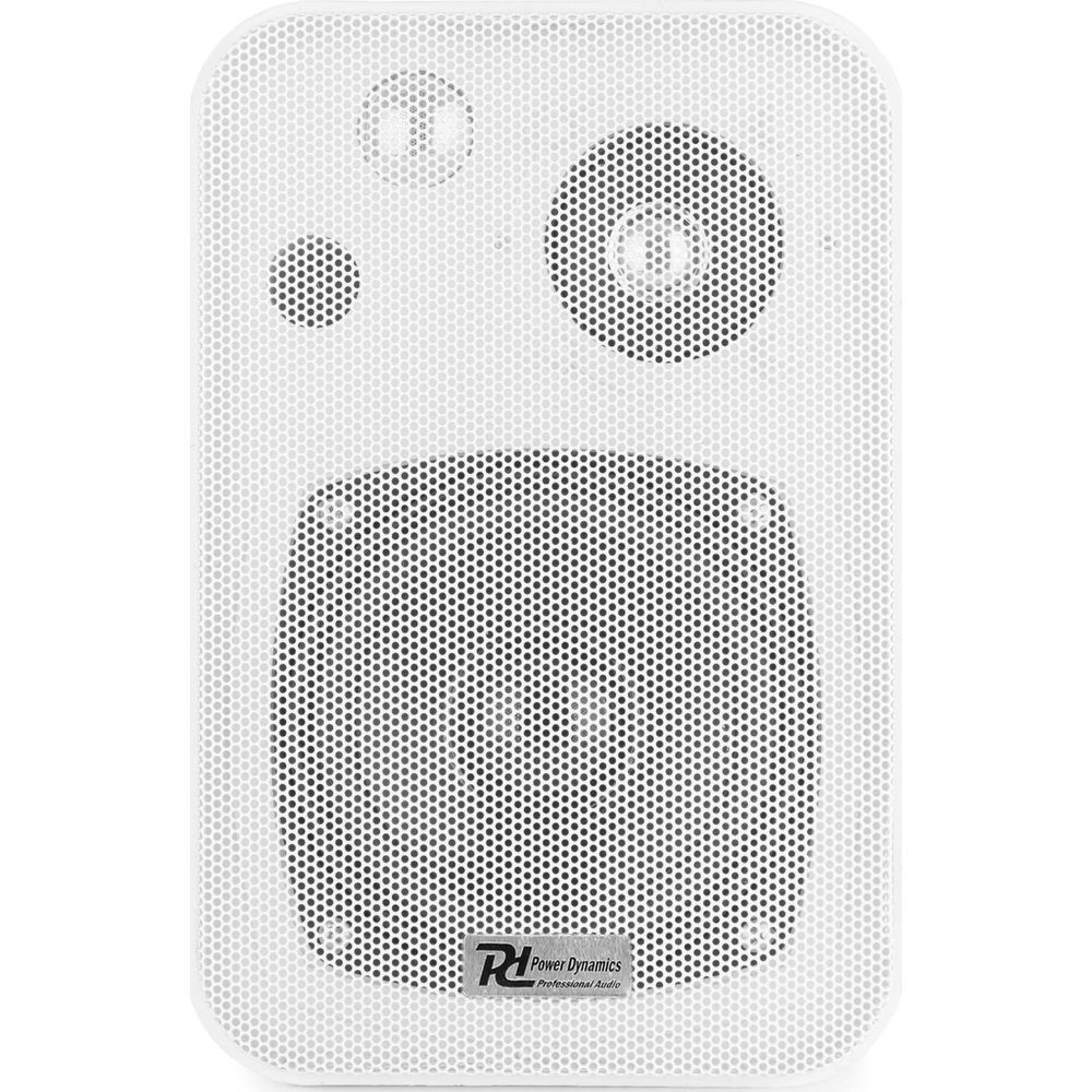 Altavoz blanco con un woofer grande y dos tweeters más pequeños. Logo abajo.