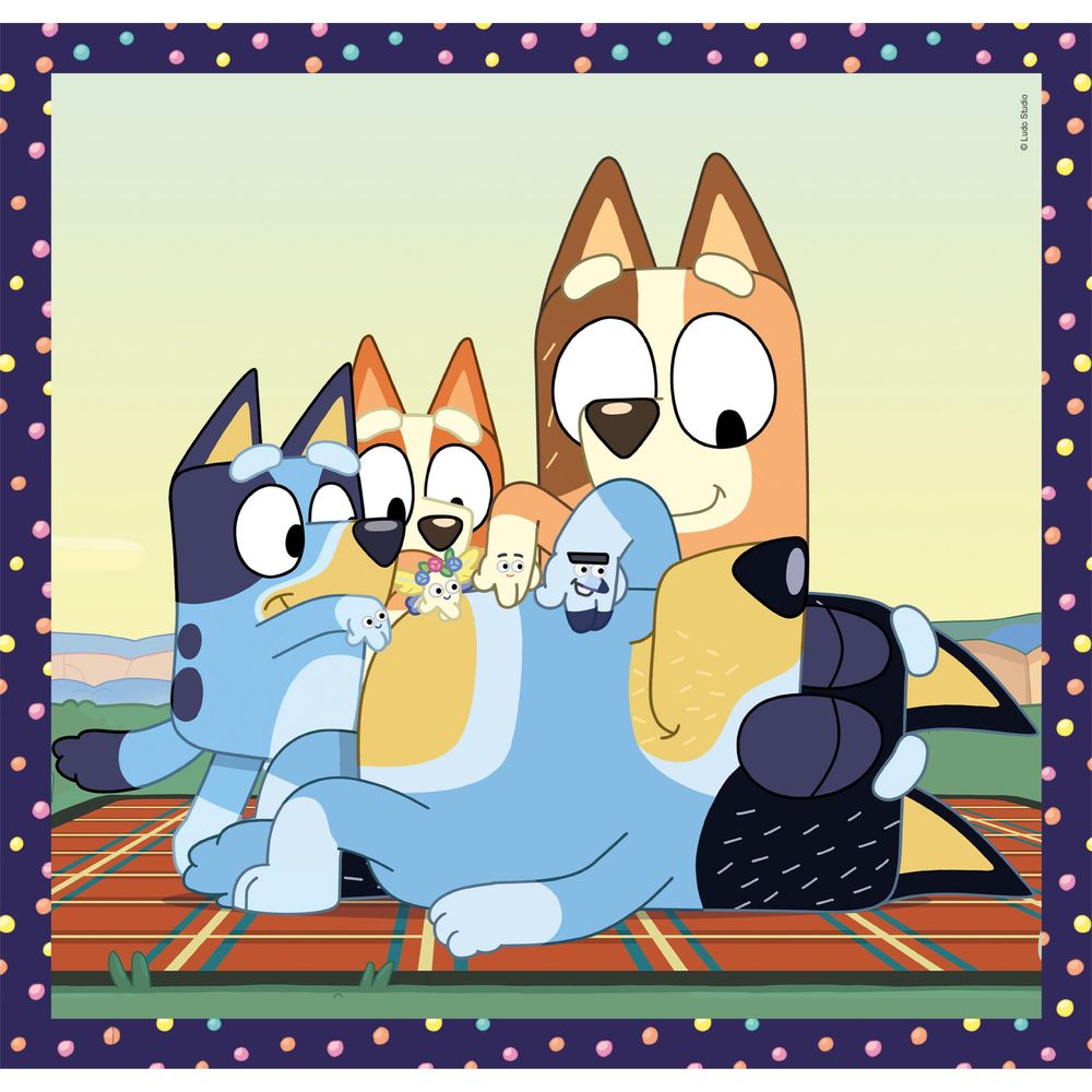 La famille Bluey est allongée sur une couverture à l'extérieur. Bluey et Bingo sont l'un sur l'autre.