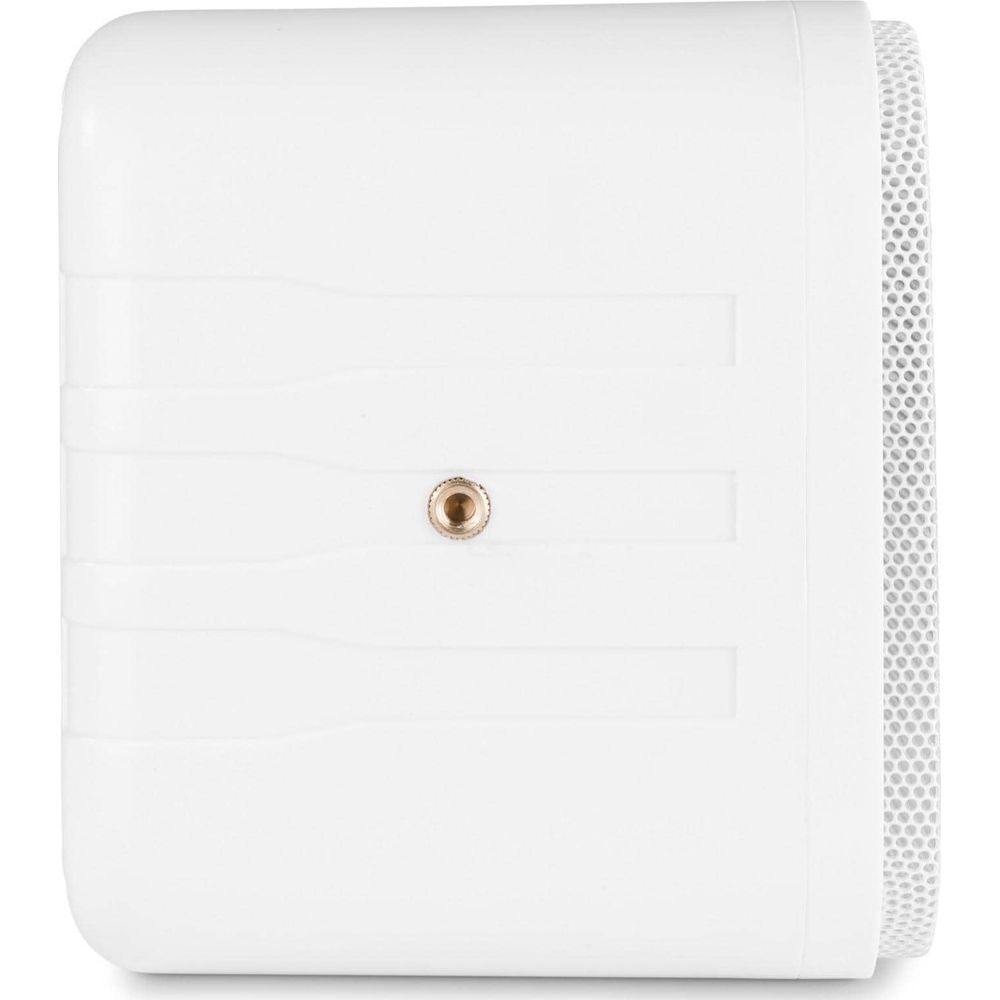 Caja blanca con rejilla de altavoz y detalle de tornillo.