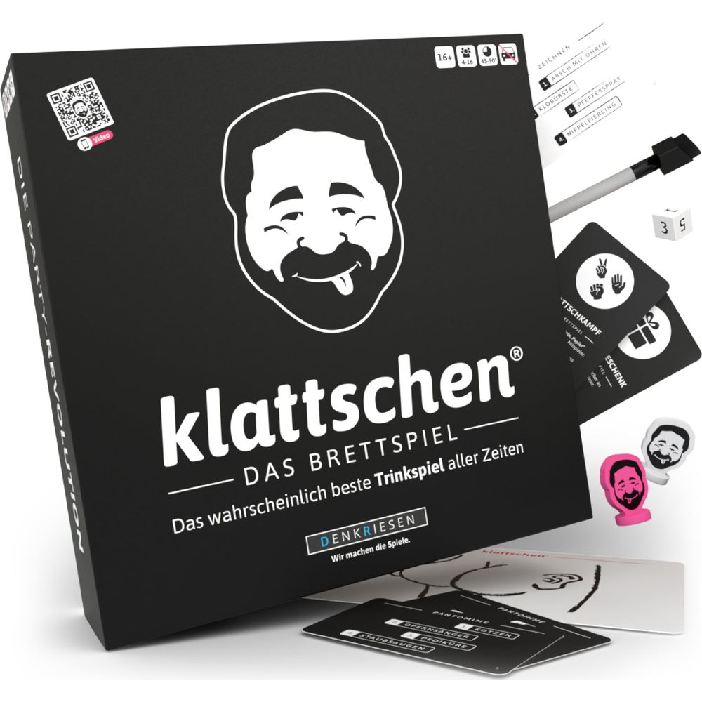 Brettspiel "klattschen" mit witzigem Gesicht, Spielkarten, Würfel und Stifte.