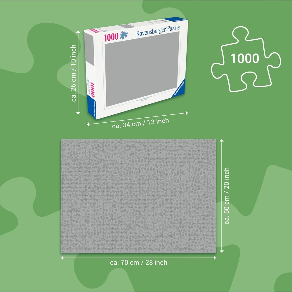 Ravensburger 1000-stukjes puzzeldoos met afmetingen en uitgespreid puzzel.