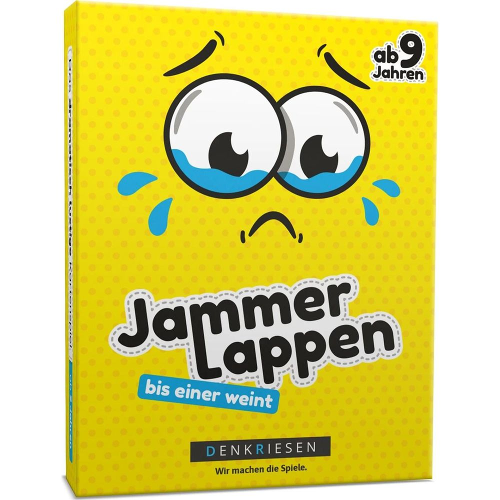 Gelber Spielkarton mit traurigem Gesicht, Tränen und dem Titel Jammerlappen.