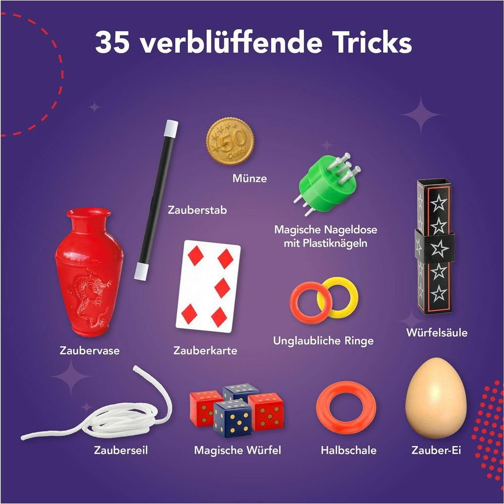 Sztuczki magiczne: waza, różdżka, moneta, karta, kostki, lina, pierścienie, jajko.