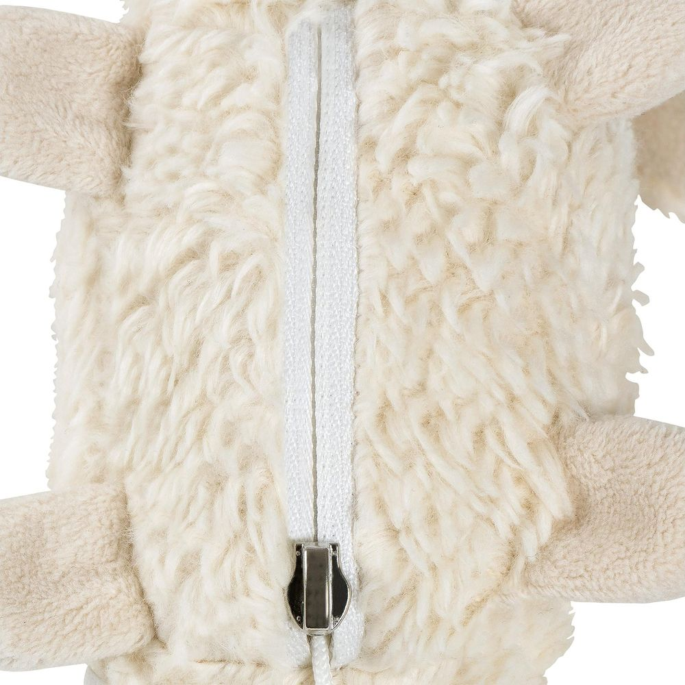 Un orsacchiotto di peluche color crema con cerniera al centro.