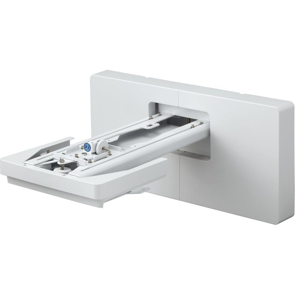 Un braccio monitor bianco esteso emerge da un alloggiamento rettangolare bianco.
