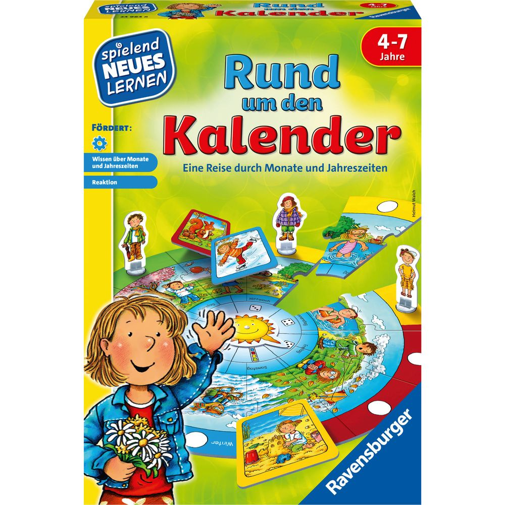 Brettspiel "Rund um den Kalender" mit Spielbrett, Karten und Spielfiguren.