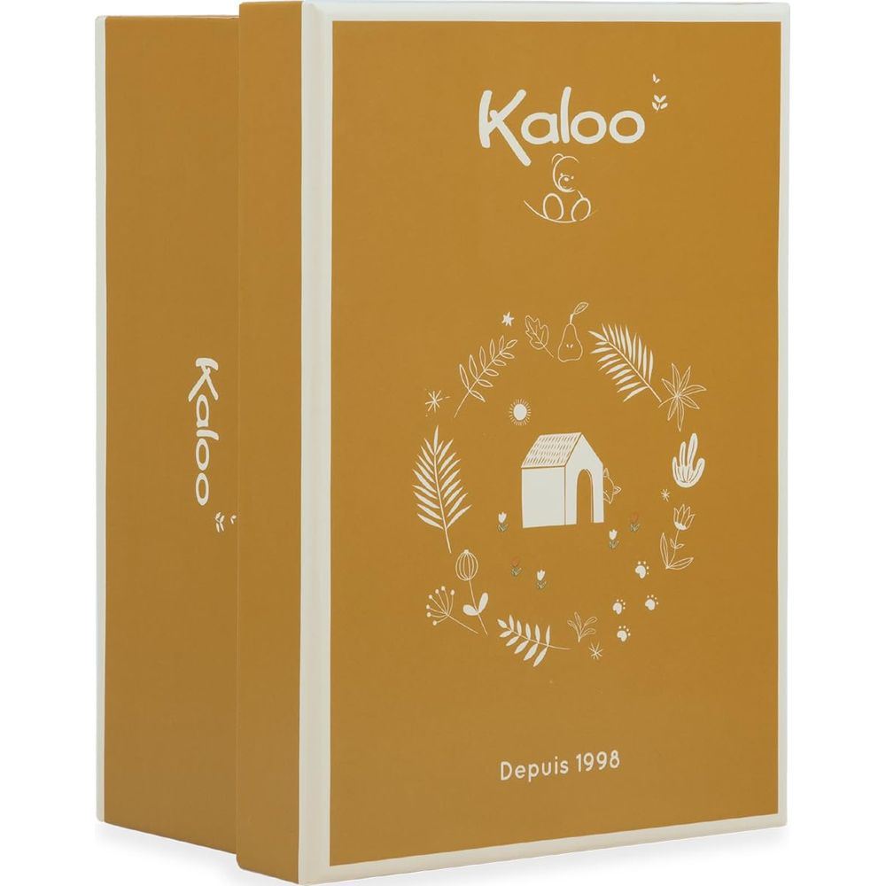 Orangefarbene Kaloo-Box mit weißem Aufdruck eines Hauses und floralen Motiven.