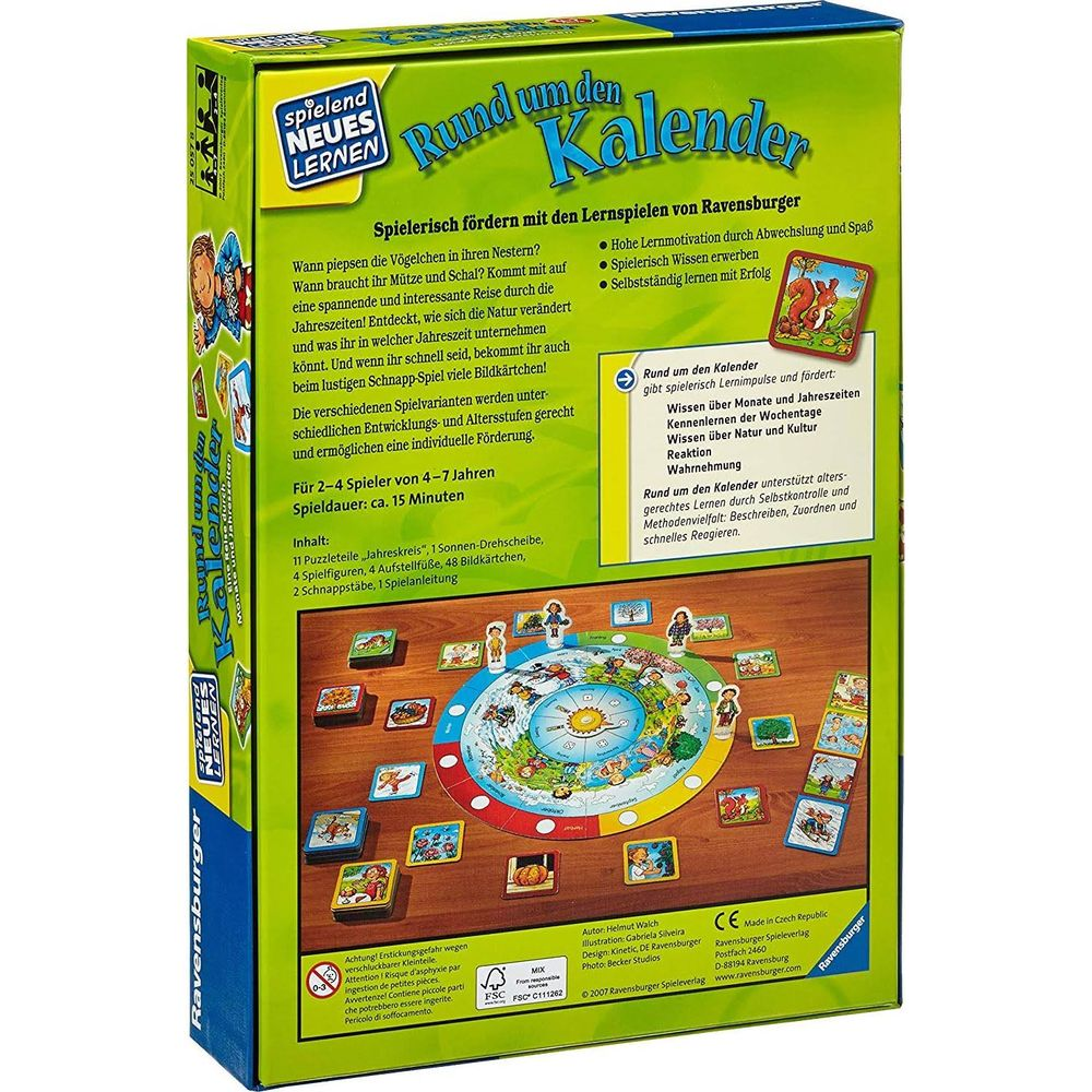 Spielverpackung für „Rund um den Kalender“ von Ravensburger mit Spielbrett und Karten.