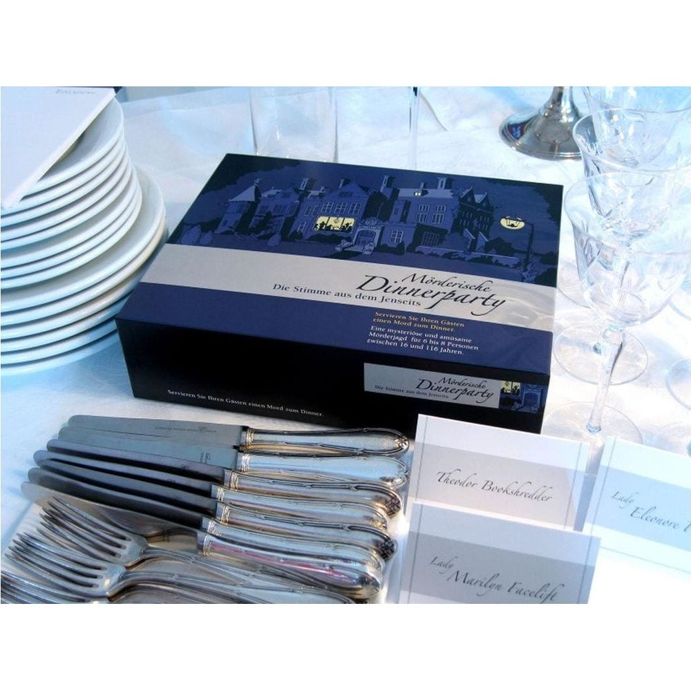 Ein Krimi-Dinnerparty-Spiel mit Besteck, Tellern und Platzkarten.
