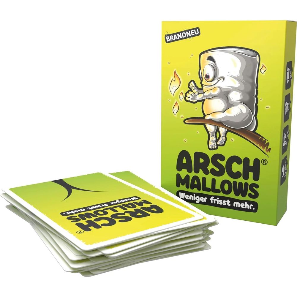 Le jeu "Arsch Mallows" avec une boîte et des cartes. Un guimauve est assis sur une branche au-dessus des flammes.