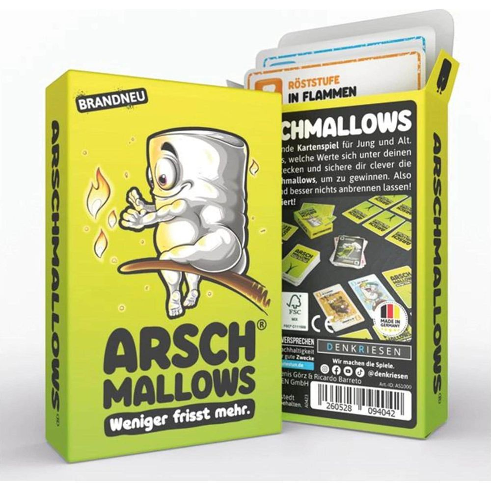 Une boîte de jeu "Arschmallows" avec un personnage de guimauve et des flammes.