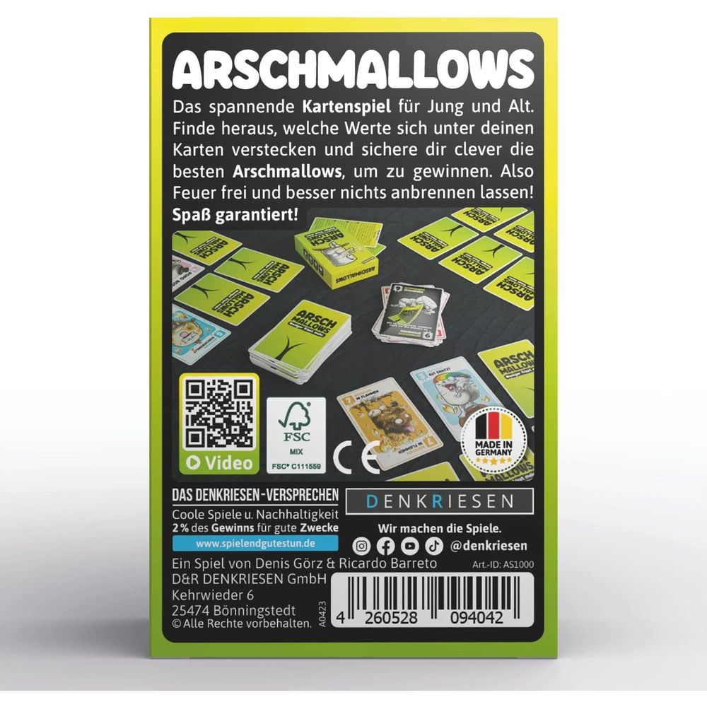 Arrière de la boîte du jeu de cartes Arschmallows avec instructions et symboles.