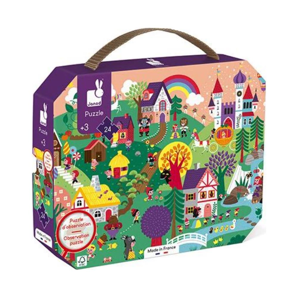 Kolorowe pudełko z puzzlami, zamkiem z bajki, domkami i postaciami.