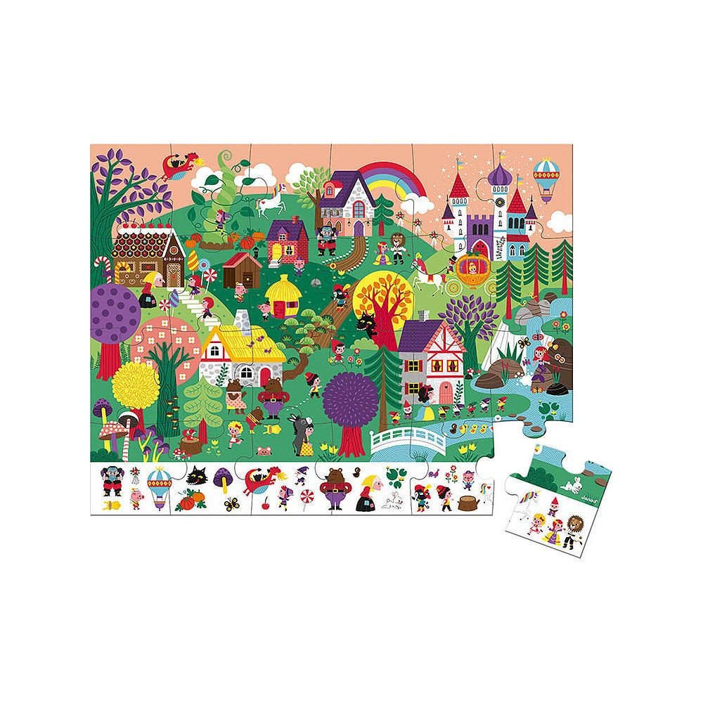 Kolorowa scenka z lasu bajkowego z domkami, mitycznymi stworzeniami i tęczowym mostem.