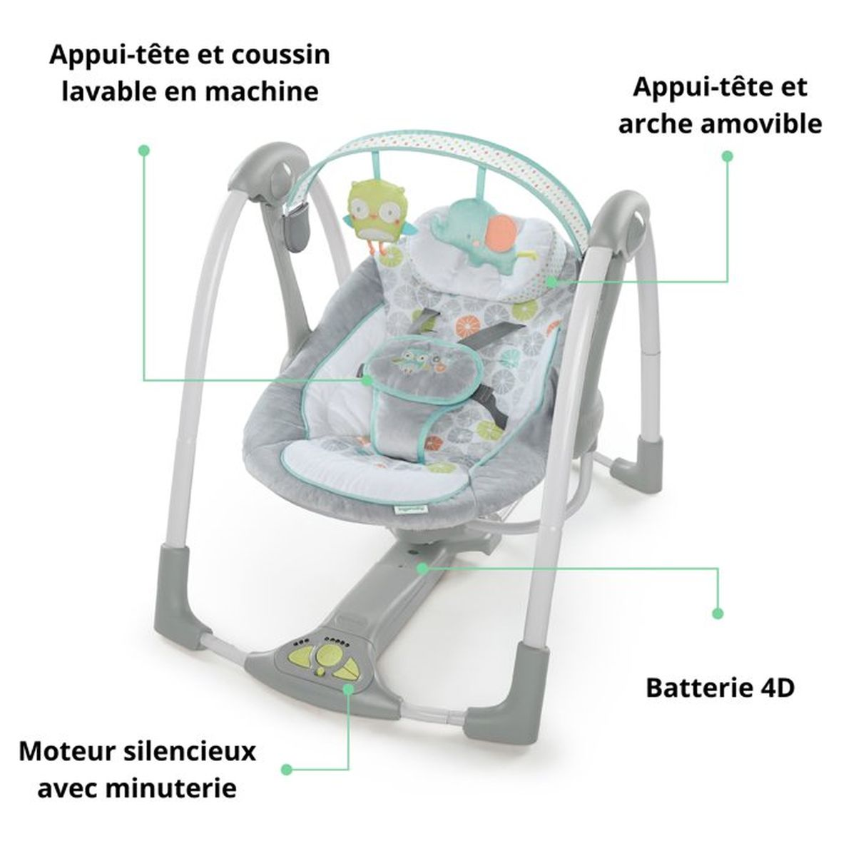 Babyschaukel mit grauem Sitz, Spielzeugbügel, Elefant und Eule.