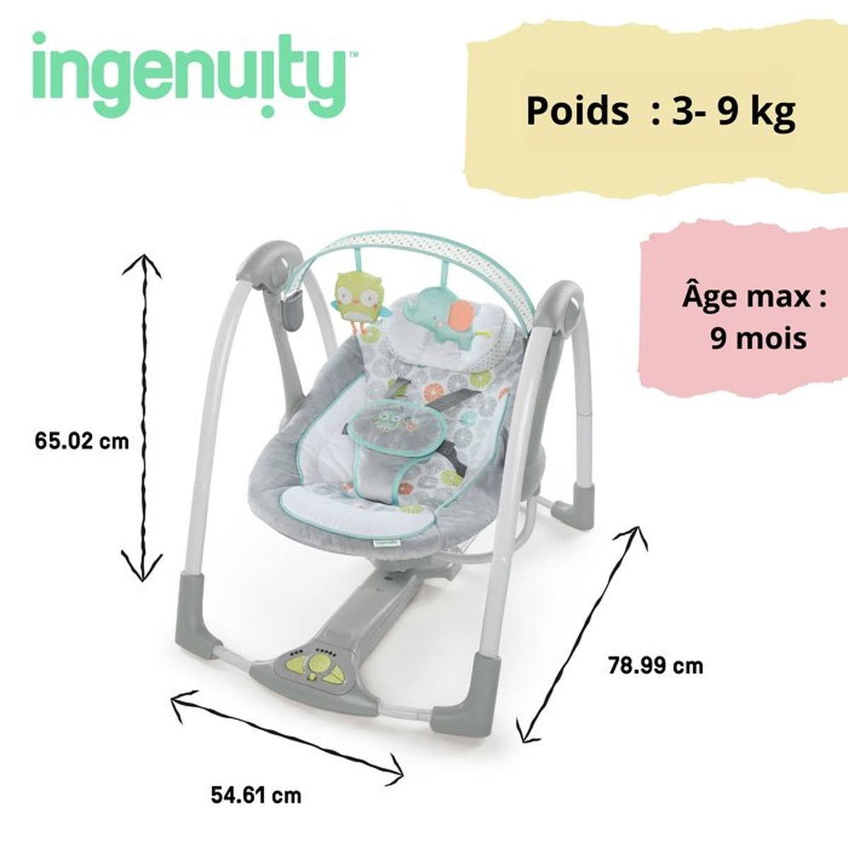 Grauer Babyschaukel mit Spielzeug und Maßen. Für 3-9 kg, max. 9 Monate.