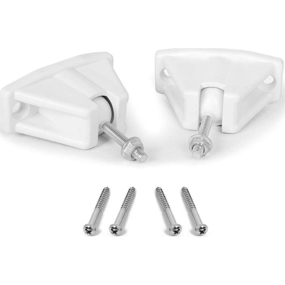 Dos soportes blancos de plástico con pernos y tuercas, cuatro tornillos abajo.