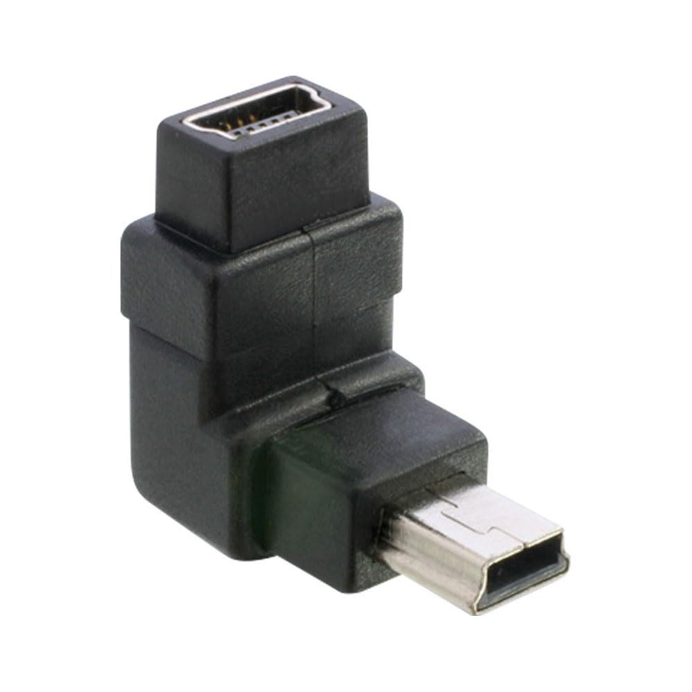 Un adattatore nero a 90 gradi con spina mini USB e porta femmina.