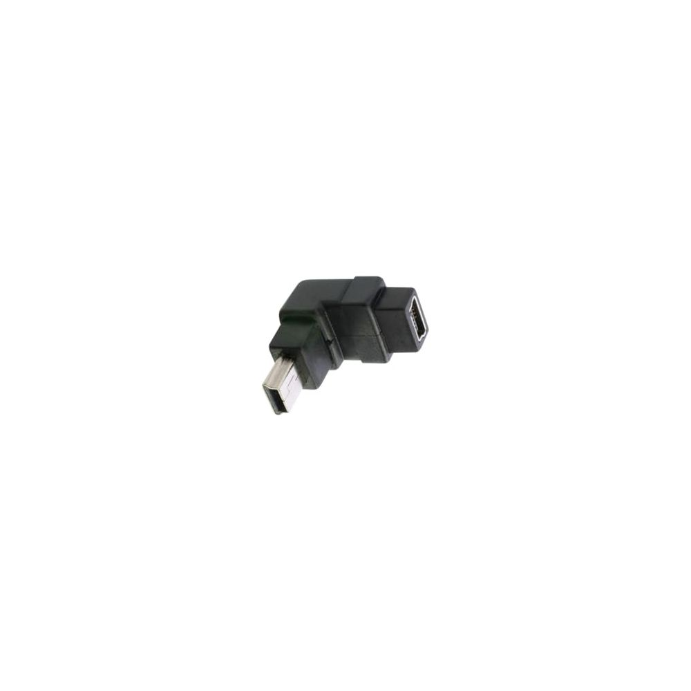 Adattatore angolato nero con due porte, connettori mini USB maschio e femmina.
