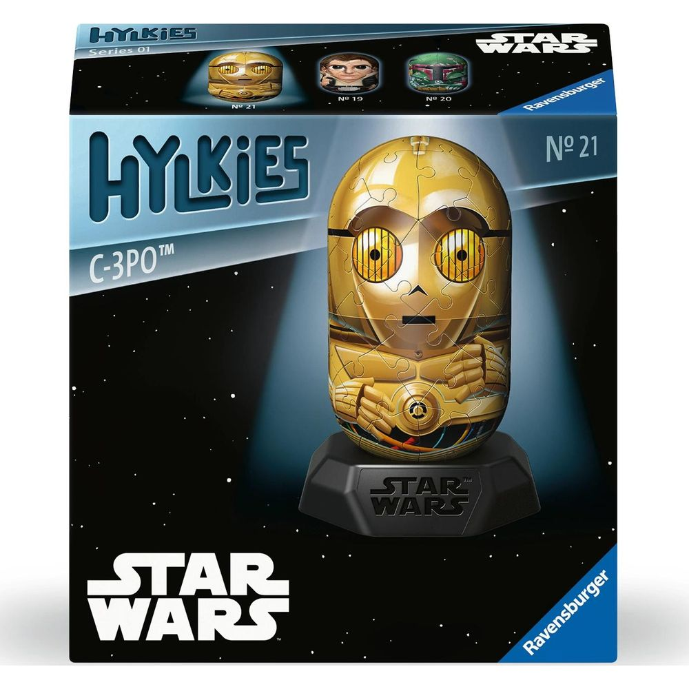 Puzzle 3D Hylkies Ravensburger di C-3PO di Star Wars su sfondo nero.
