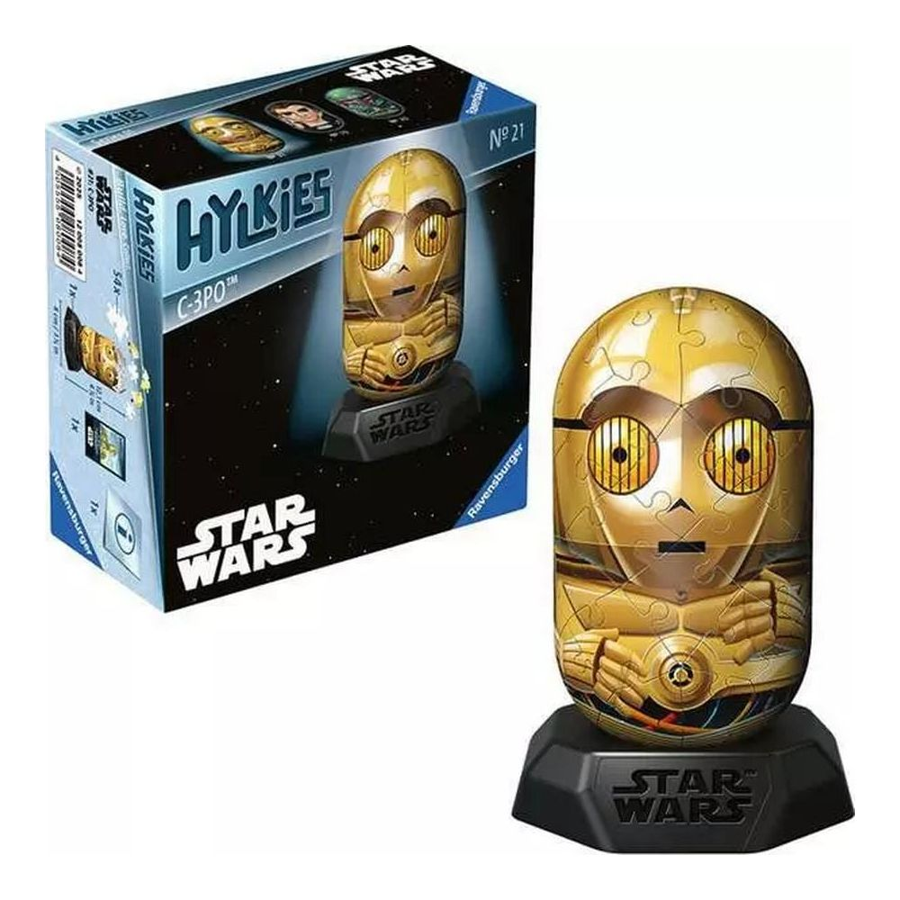 Scatola puzzle 3D Star Wars C-3PO Hykies e puzzle completato su base nera.