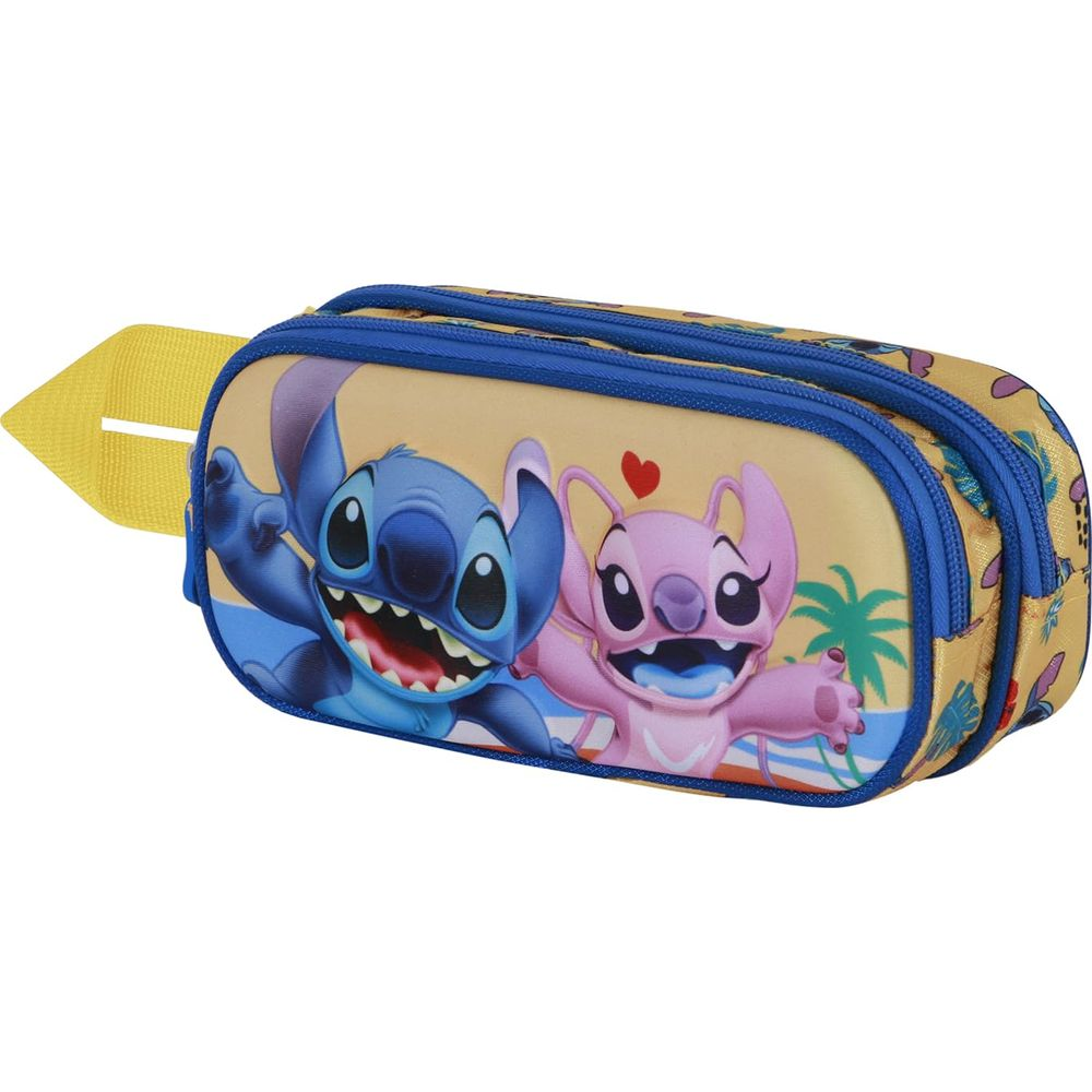 Un estuche amarillo con Stitch y Angel en un tema de playa.