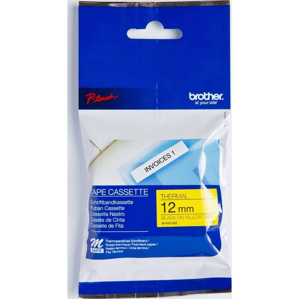 Verpackung für Brother Tze Thermoband, 12mm, schwarz auf gelb.
