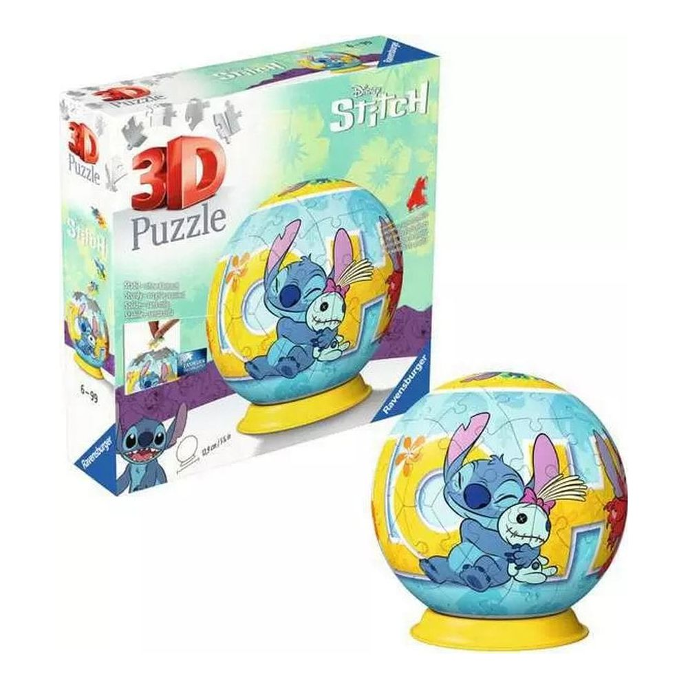 Ein 3D-Puzzle mit Stitch und Scrump von Ravensburger im Karton und fertig aufgebaut.