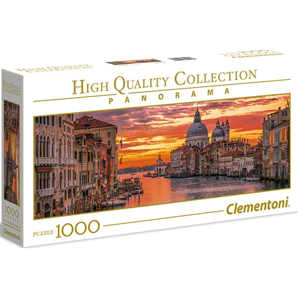 Une boîte de puzzle Clementoni de 1000 pièces représentant une scène de canal à Venise au coucher du soleil.