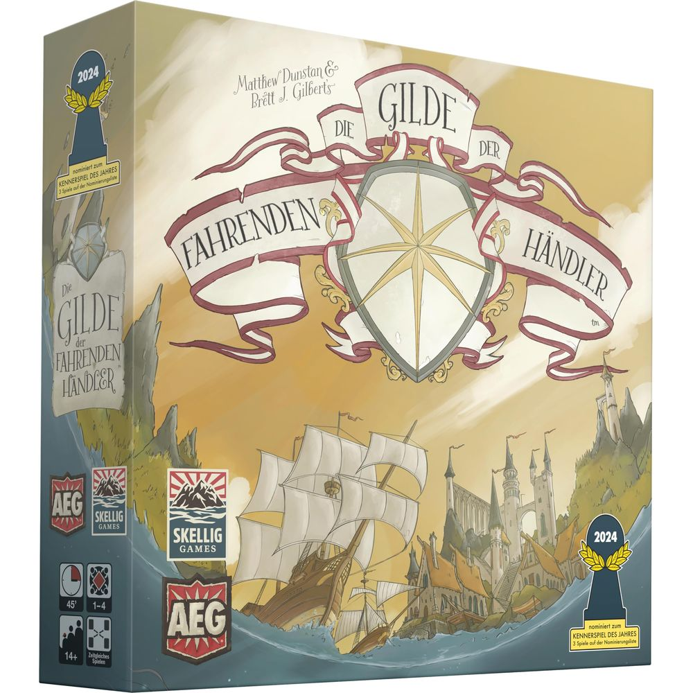 Brettspielbox mit Segelschiff, Stadt und Wappen. Text: Die Gilde der fahrenden Händler.