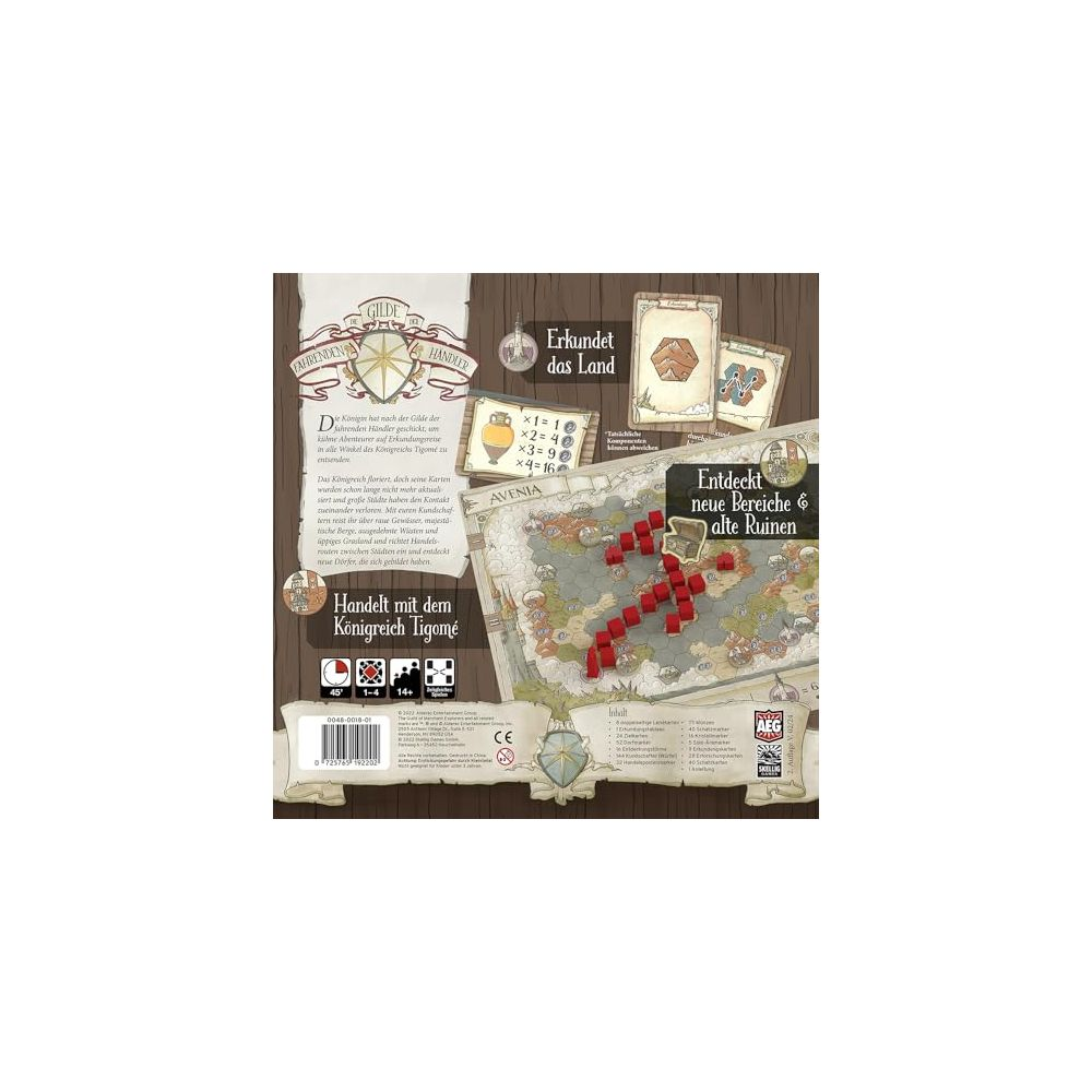 Brettspiel "Handelt mit dem Königreich Tigomé": Karte, Spielsteine, Text.