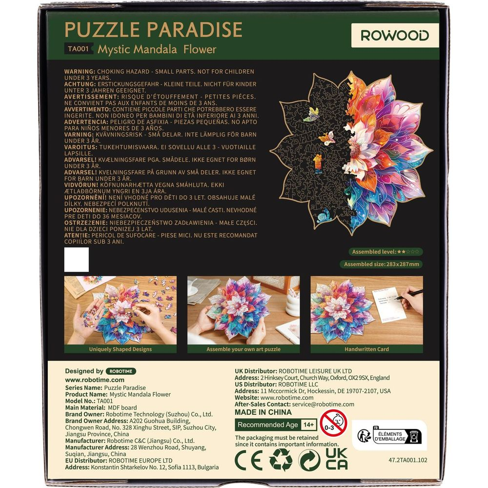 Verpackung eines Mystic Mandala Flower Puzzles mit Warnhinweisen und Produktbildern.