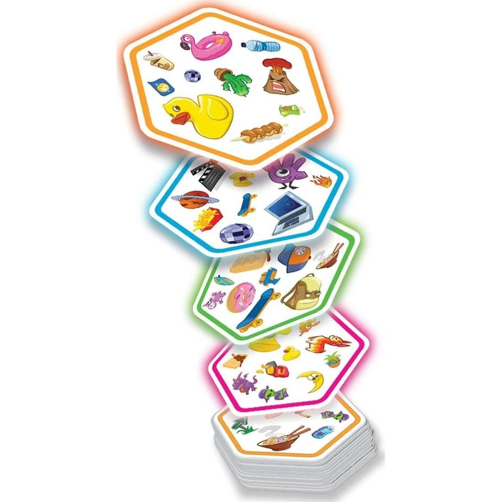 Cartes colorées avec diverses icônes comme un flamant rose, un canard, un cactus et des vaisseaux spatiaux.