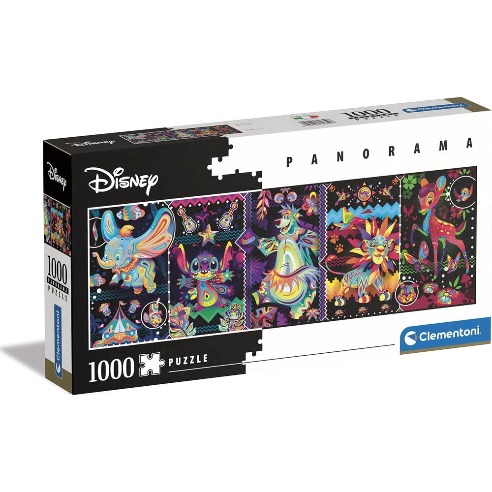 Boîte de puzzle Disney Panorama 1000 pièces avec Dumbo, Stitch, Baloo, Simba et Bambi.