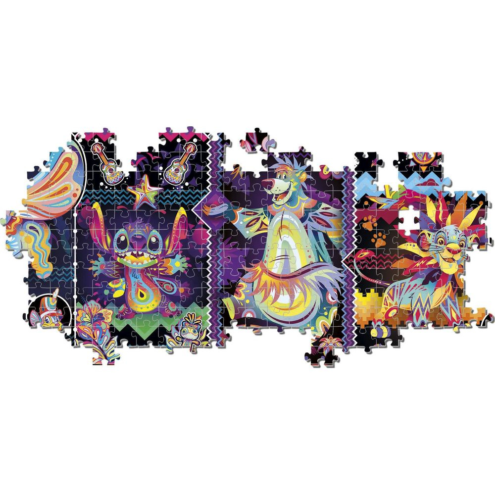 Personnages Disney colorés Stitch, Baloo et Mogli en pièces de puzzle sur fond sombre.