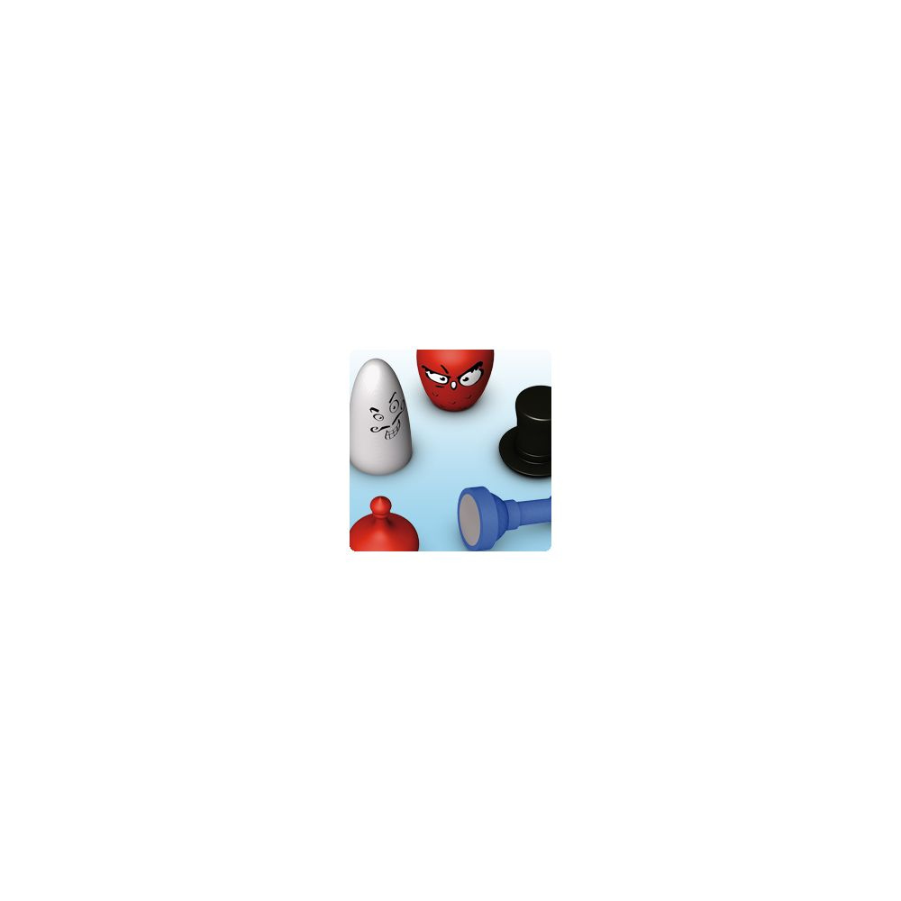 Cinque pezzi del gioco: fantasma, diavolo, cilindro, torcia, cappello rosso su sfondo blu.