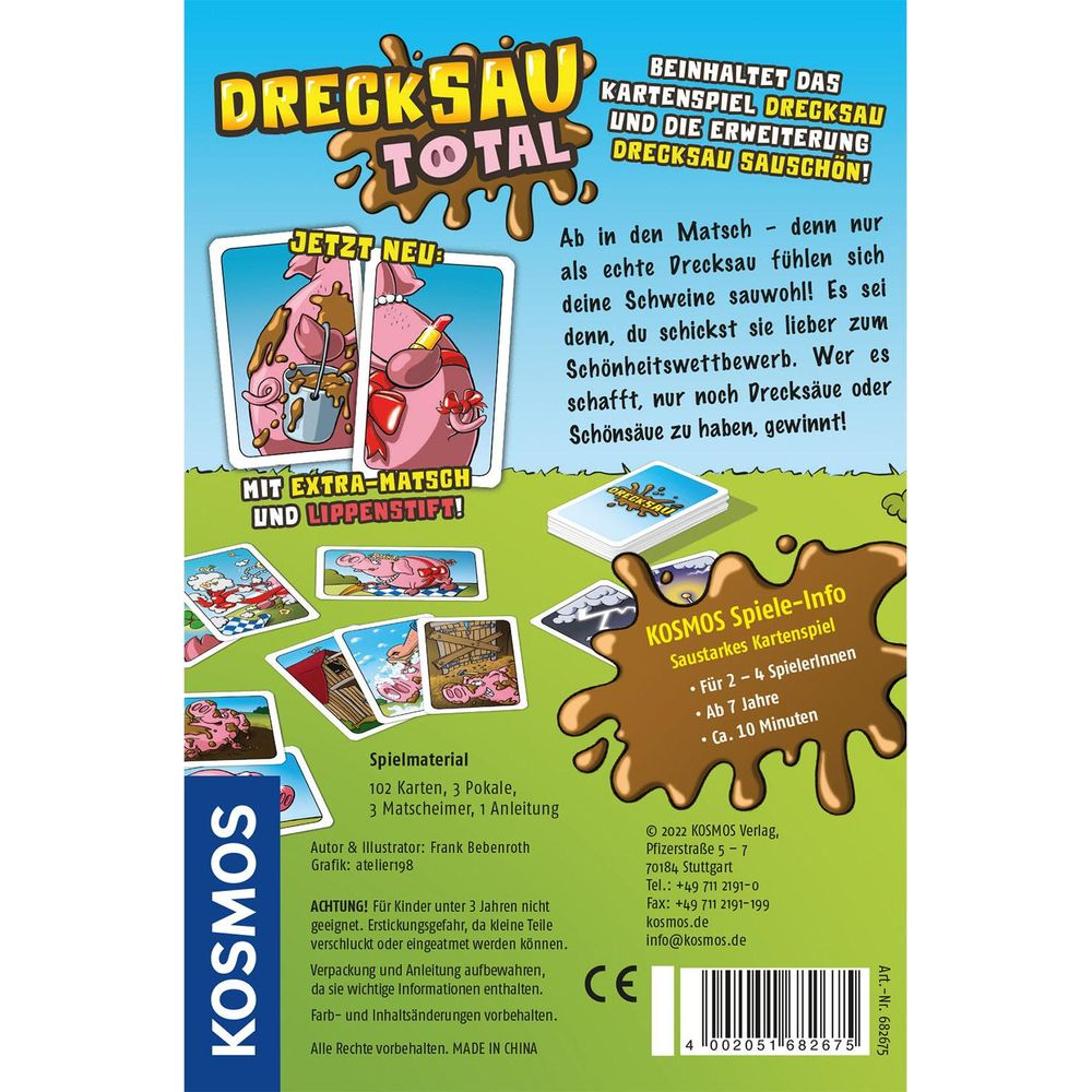 Jeu "Drecksau Total" avec figurines de cochons, cartes et matériel.
