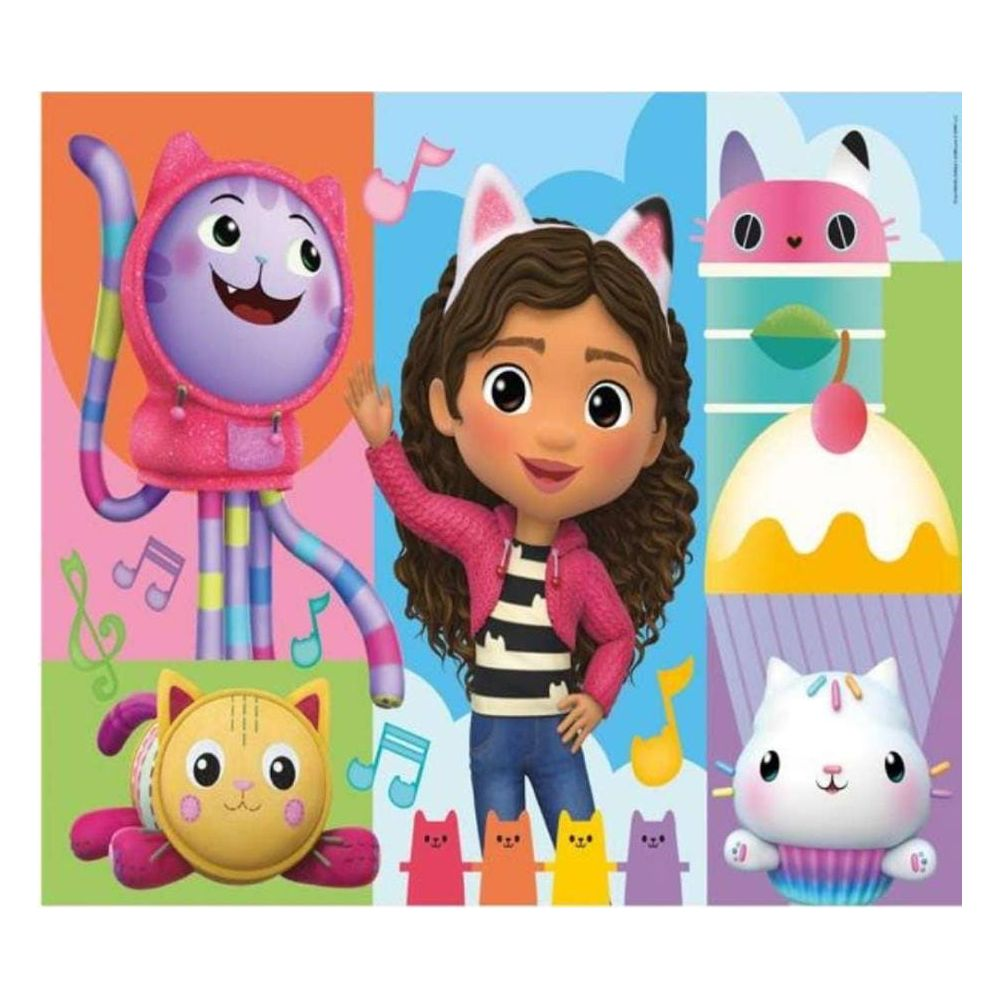 Gabby i jej kot Pandy w kolorowej scenerii z nutami.