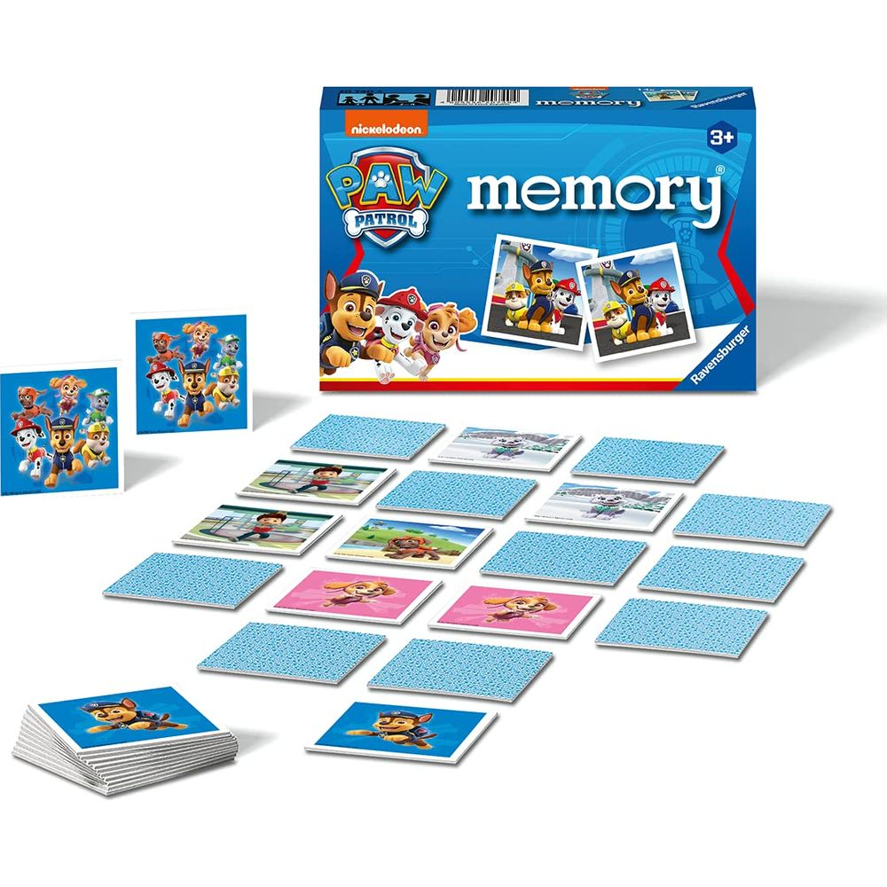 Gioco Memory Paw Patrol: Carte da gioco disposte, scatola sullo sfondo.