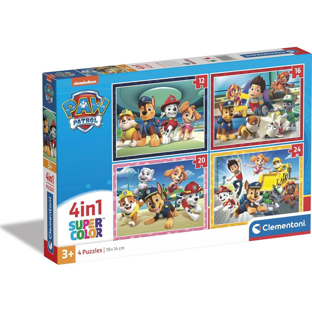 Pudełko z puzzlami Psi Patrol 4 w 1 z czterema różnymi obrazkami postaci.