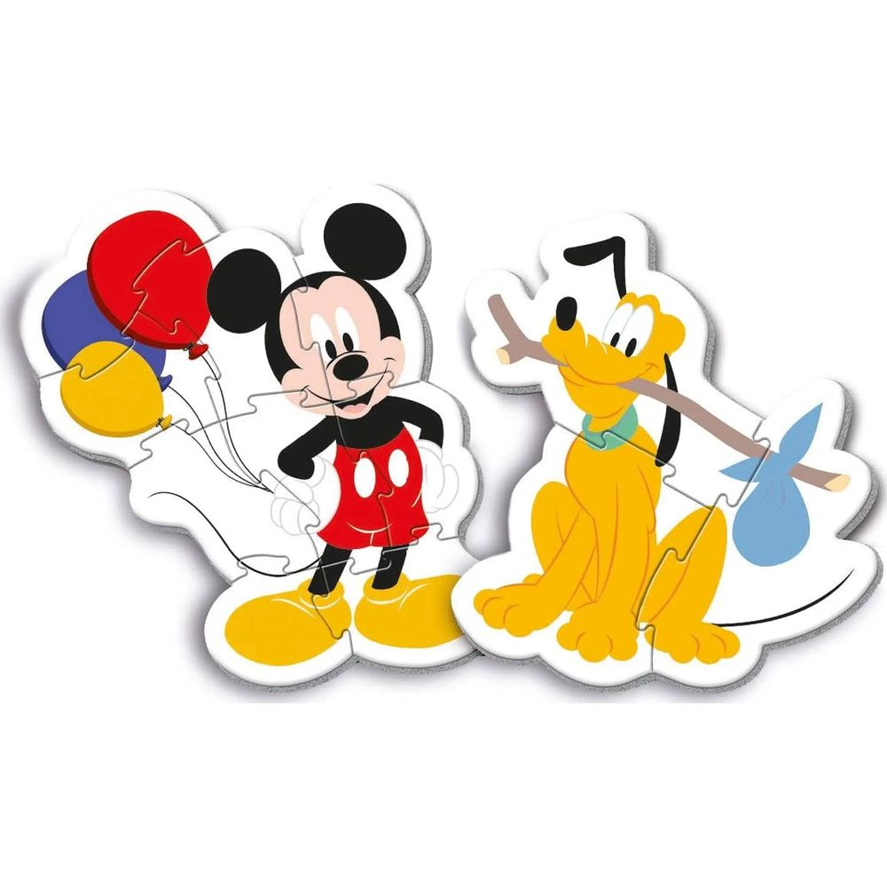 Myszka Miki trzyma balony, Pluto niesie kij z pakunkiem na plecach.