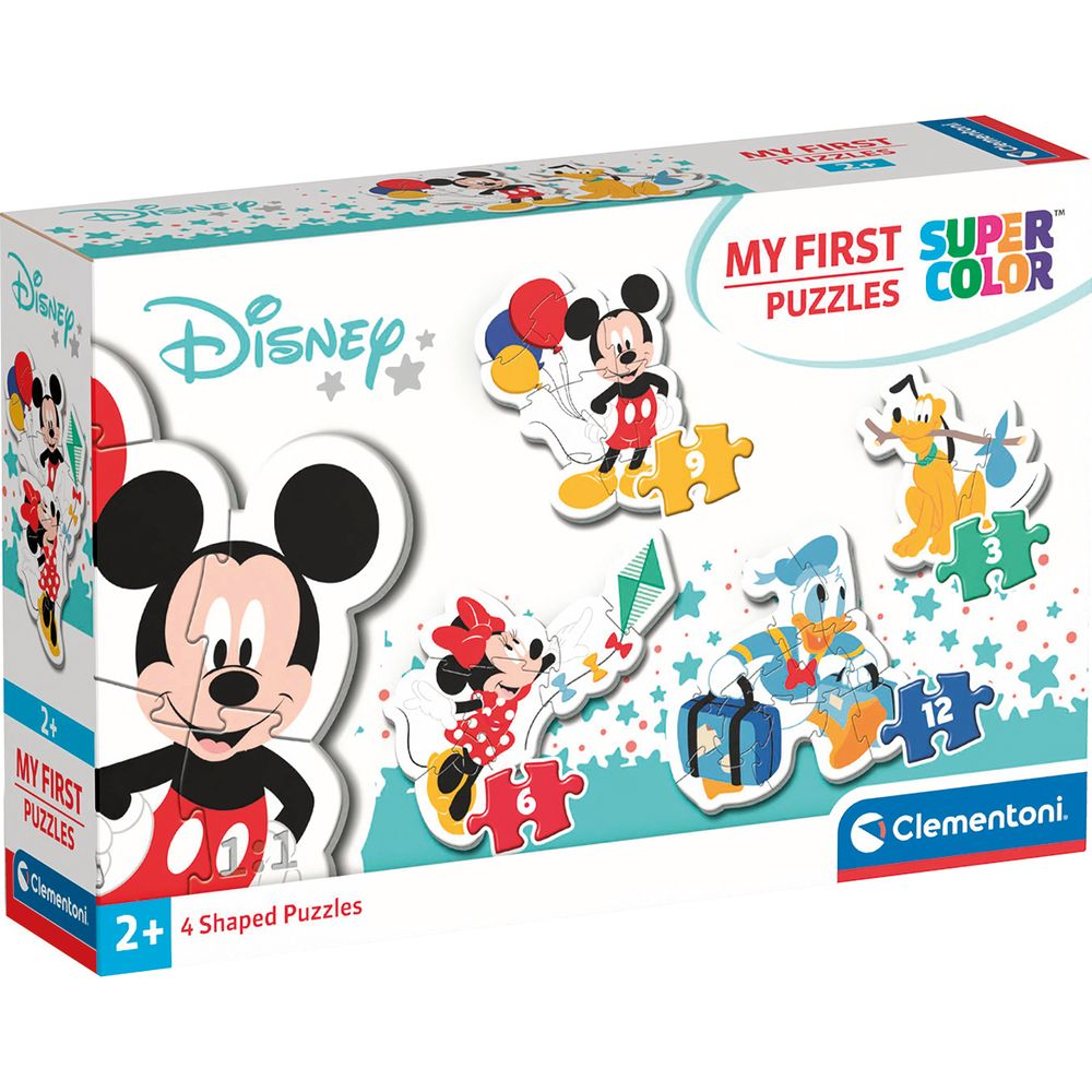 Pudełko puzzli Disneya z Myszką Miki, Minnie, Kaczorem Donaldem i Pluto.