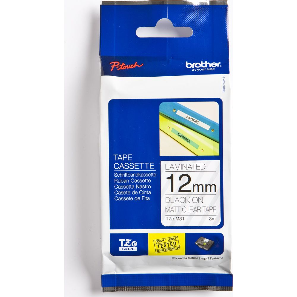 Verpackung für Brother TZe-M31 12mm schwarzes mattes Klebeband.