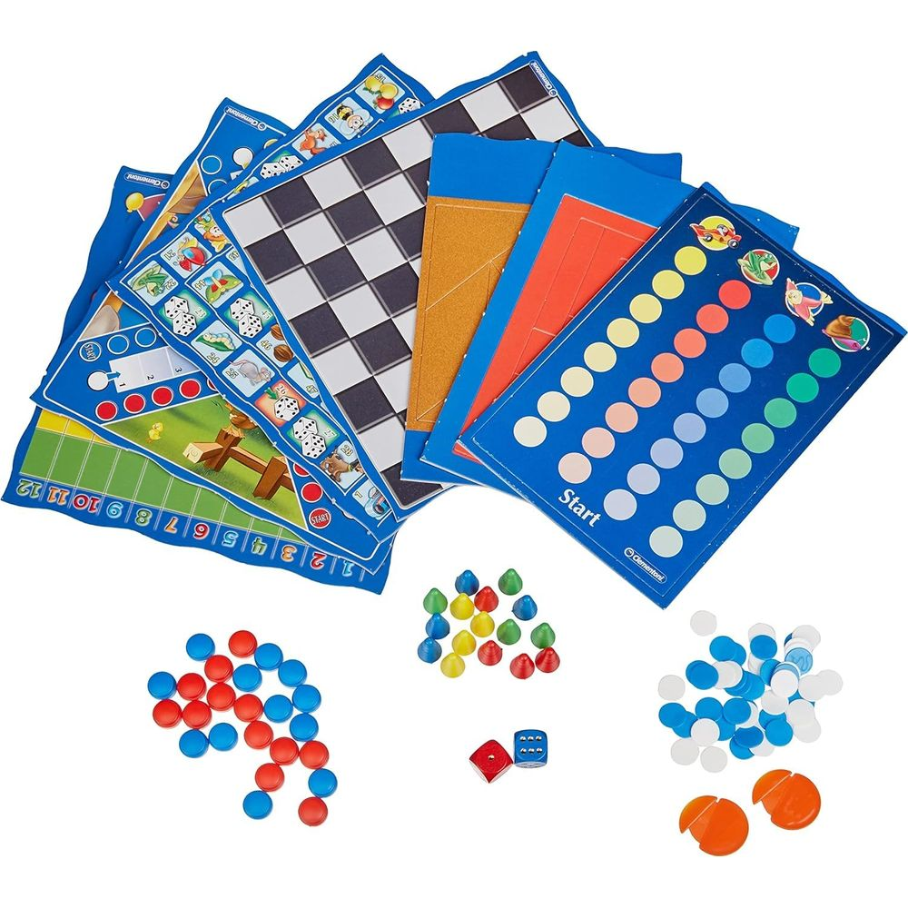 Bordspellen met pionnen, dobbelstenen en spelborden, waaronder schaken en gekleurde cirkels.