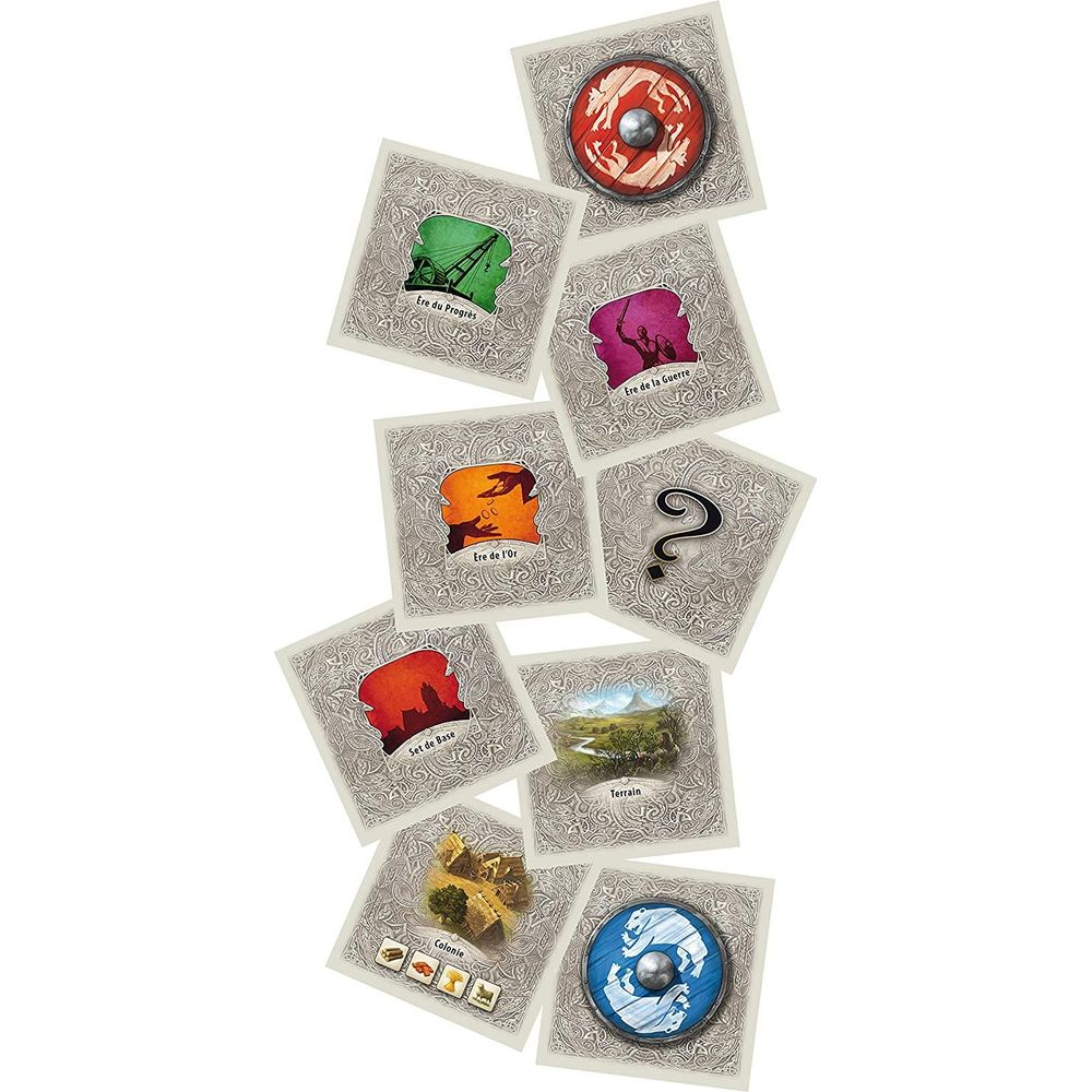 Spielkarten mit Symbolen: Kran, Krieger, Hände, Fragezeichen, Stadt, Landschaft, Kolonie, Schilde.