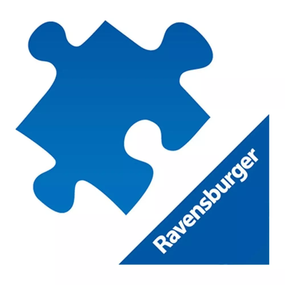 Un pezzo di puzzle blu con il testo Ravensburger.
