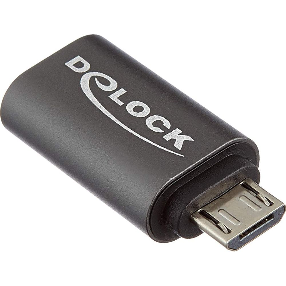 Kompaktowy szary adapter Micro USB z logo Delock.
