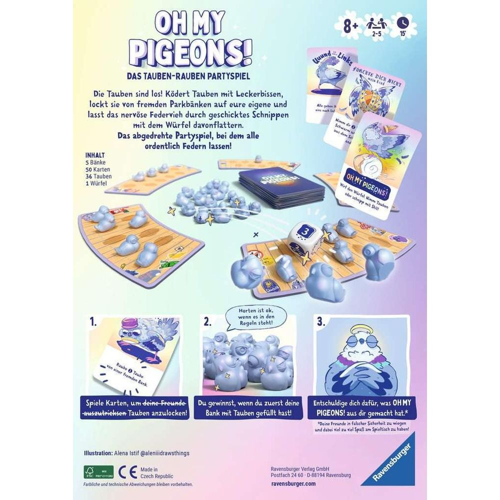 Gra planszowa 'Oh My Pigeons!' z figurkami gołębi, kartami i kostką.