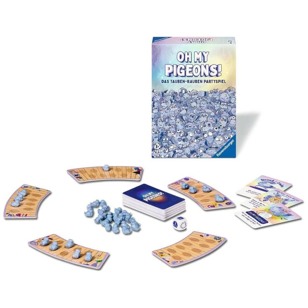 Gra planszowa z figurkami gołębi, kartami i kostką na białym tle.