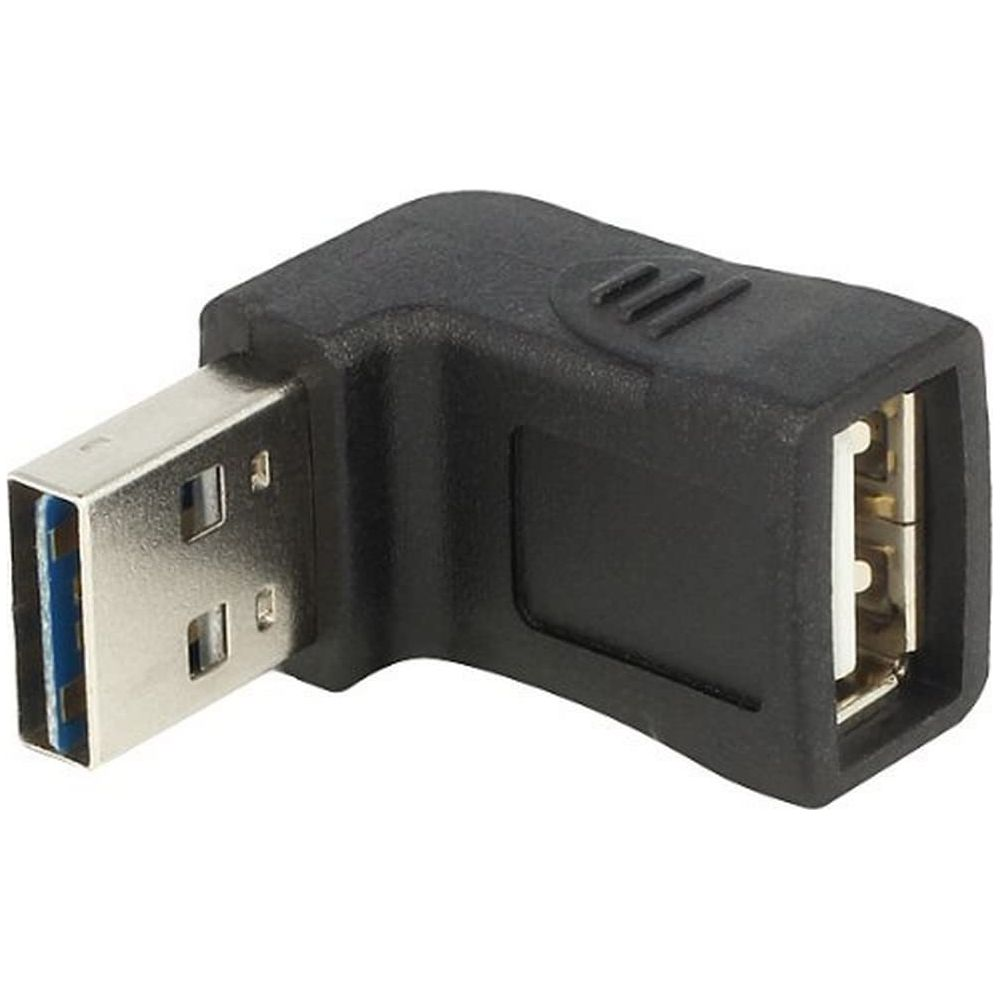 Czarny adapter USB 90 stopni z męskim i żeńskim złączem.